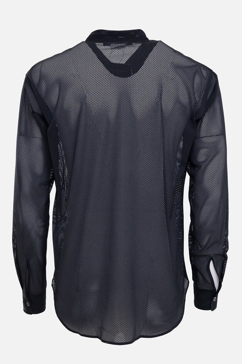 COMME des GARÇONS HOMME DEUX men's mesh coach shirt in black, back view, transparent mesh and button cuffs