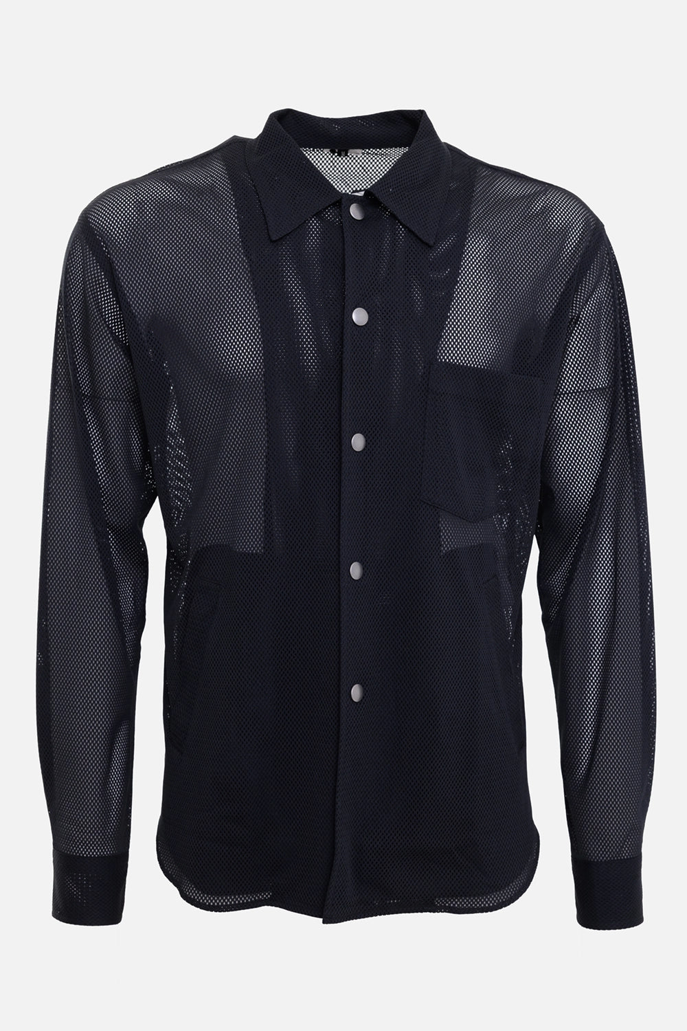 COMME des GARÇONS HOMME DEUX men's mesh coach shirt in black, front view, snap buttons and chest pocket