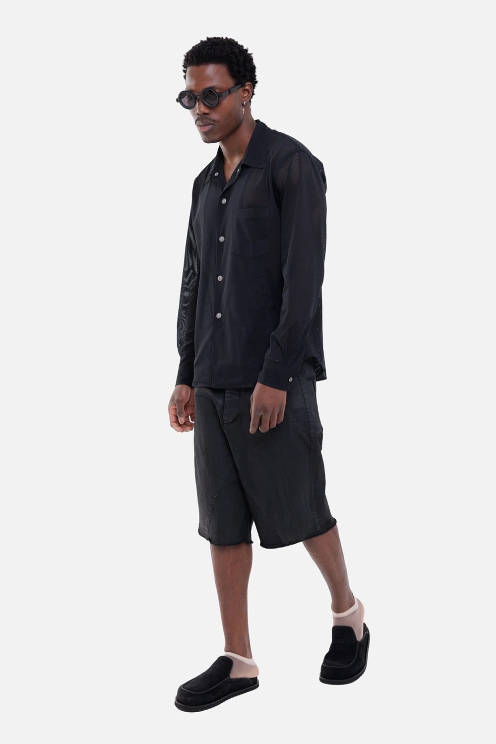 COMME des GARÇONS HOMME DEUX men's mesh coach shirt in black, on-model full-length view, sheer layer