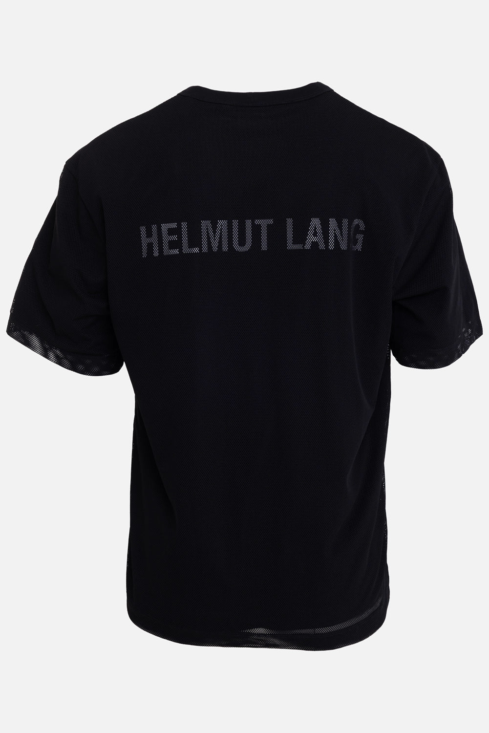 Helmut Lang men's black mesh T-shirt, back view, tonal HELMUT LANG logo beneath mesh