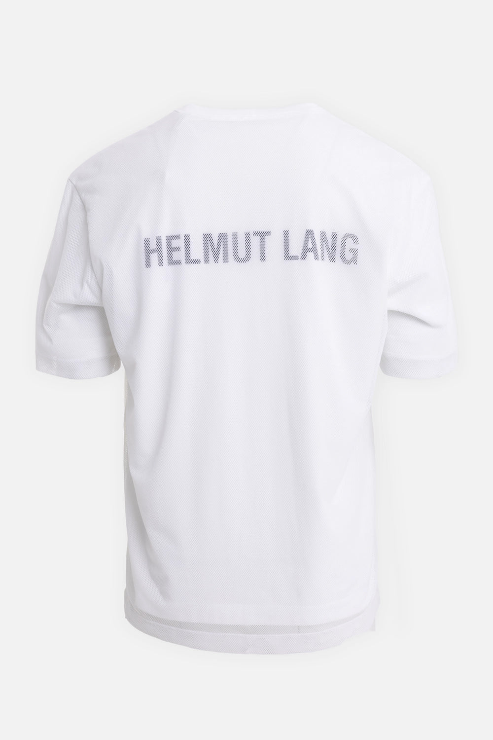 Helmut Lang men's mesh layered tee in white, back view, logo detail visible beneath the mesh layer