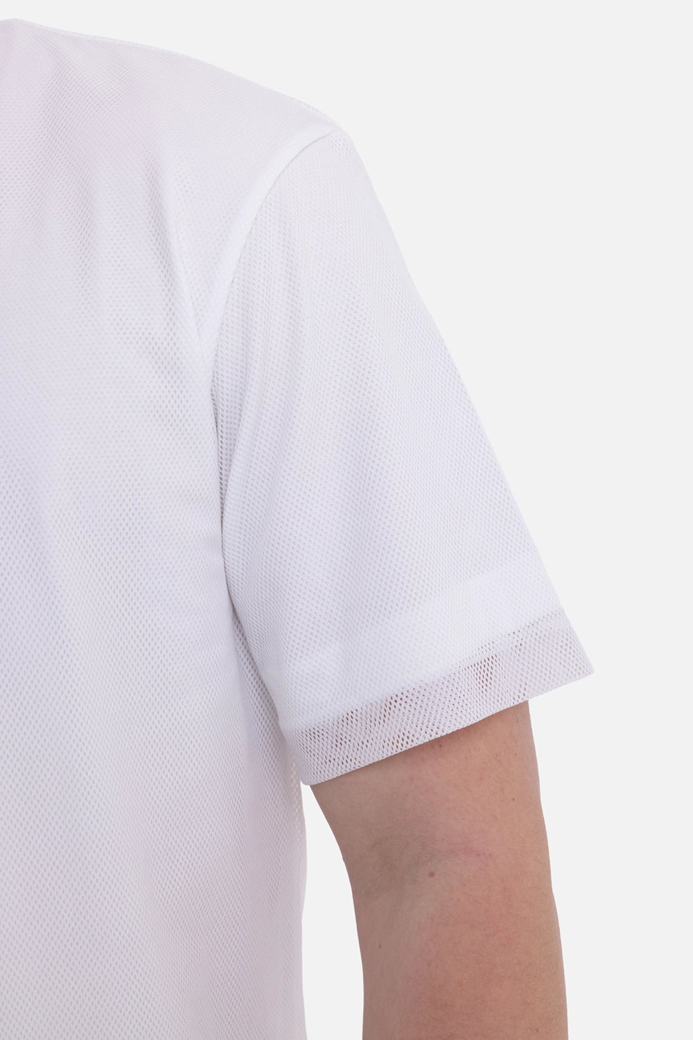 Helmut Lang men's mesh layered tee in white, fabric close-up, breathable mesh texture at the sleeve