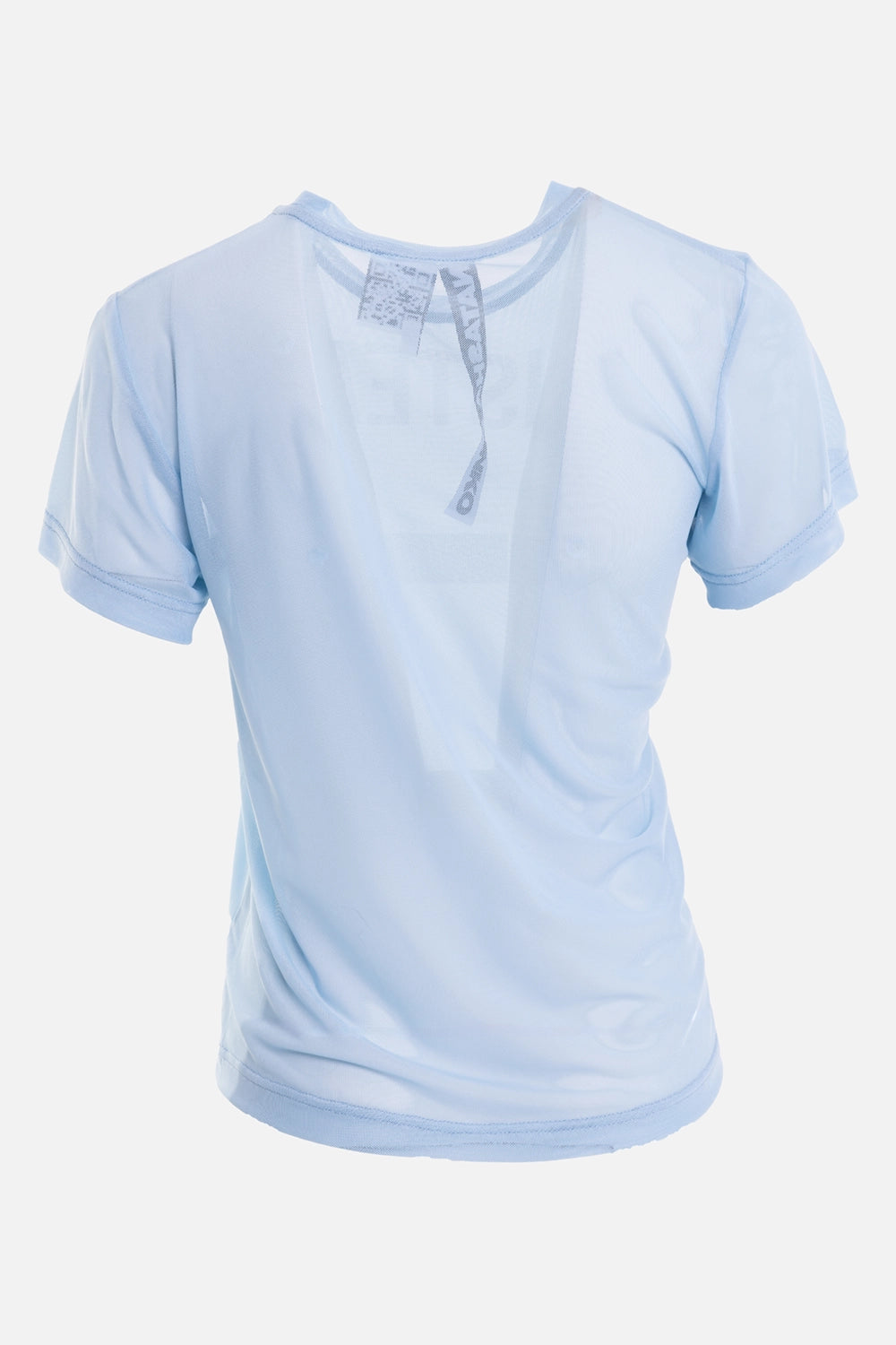 Natasha Zinko women’s mesh T-shirt in blue, back view, sheer mesh with visible logo tape at neckline