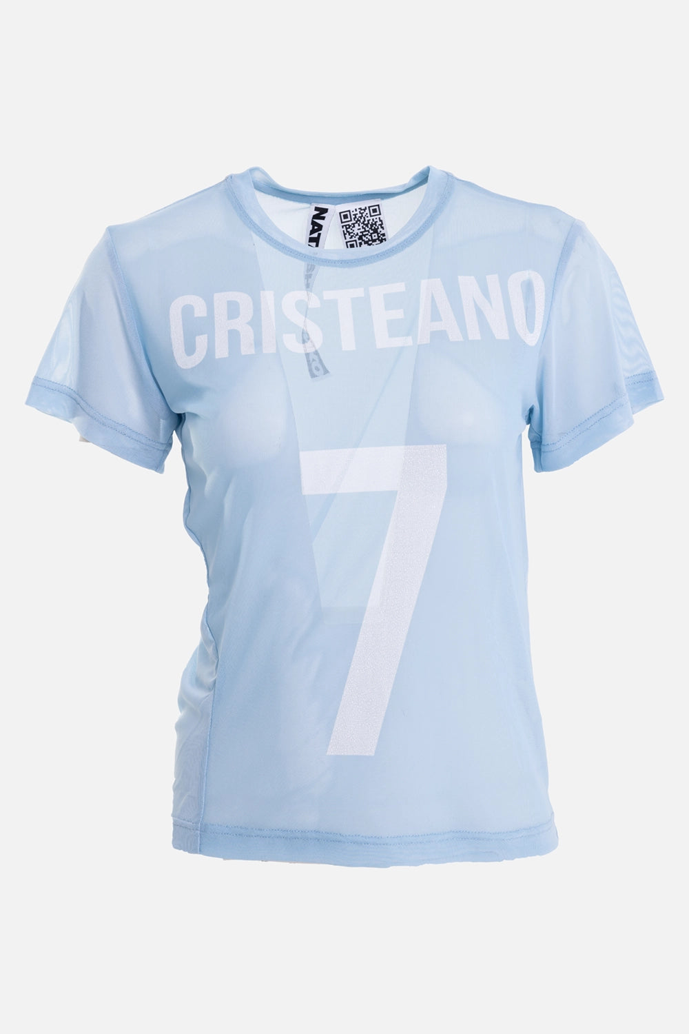 Natasha Zinko women’s mesh T-shirt in blue, front mannequin view, sheer body with white Cristeano 7 graphic
