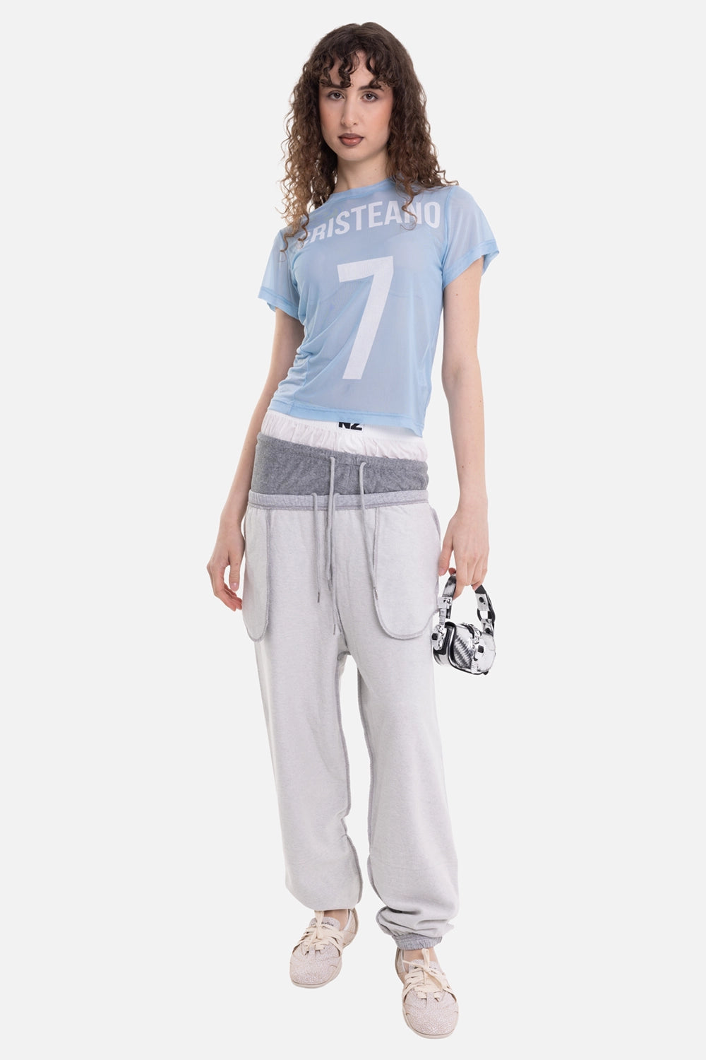 Natasha Zinko women’s mesh T-shirt in blue, on-model full-length view, short sleeves and white 7 graphic