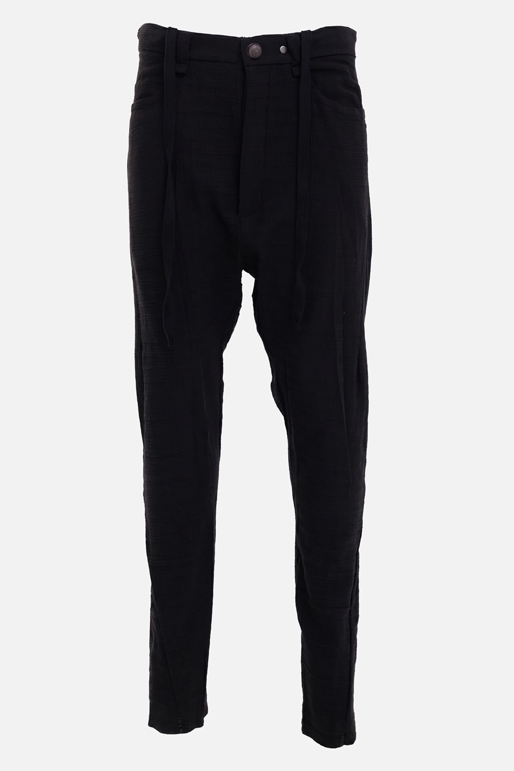 69 by Isaac Sellam men's Micro Ondes trousers in Noir, front view with long waist ties and exposed seams