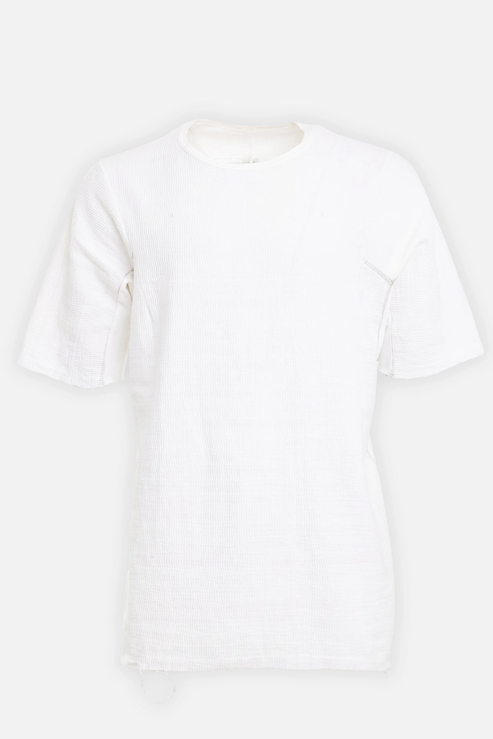 69 by Isaac Sellam men's Micro Ondes T-Shirt in Blanc, front view with crew neck and exposed seams