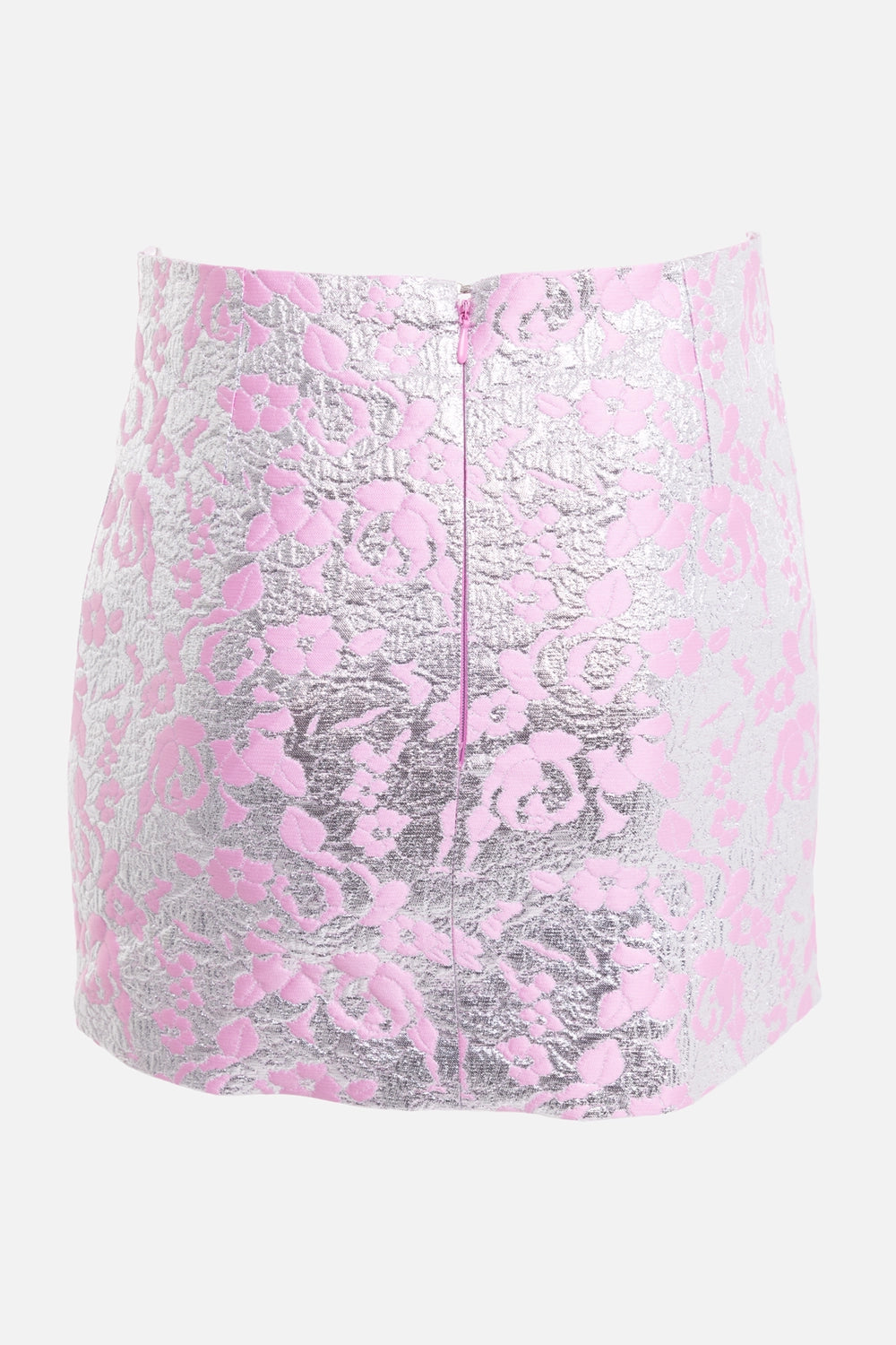 Des Phemmes women's micro skirt in silver/candy pink, back view, back zip and metallic floral jacquard