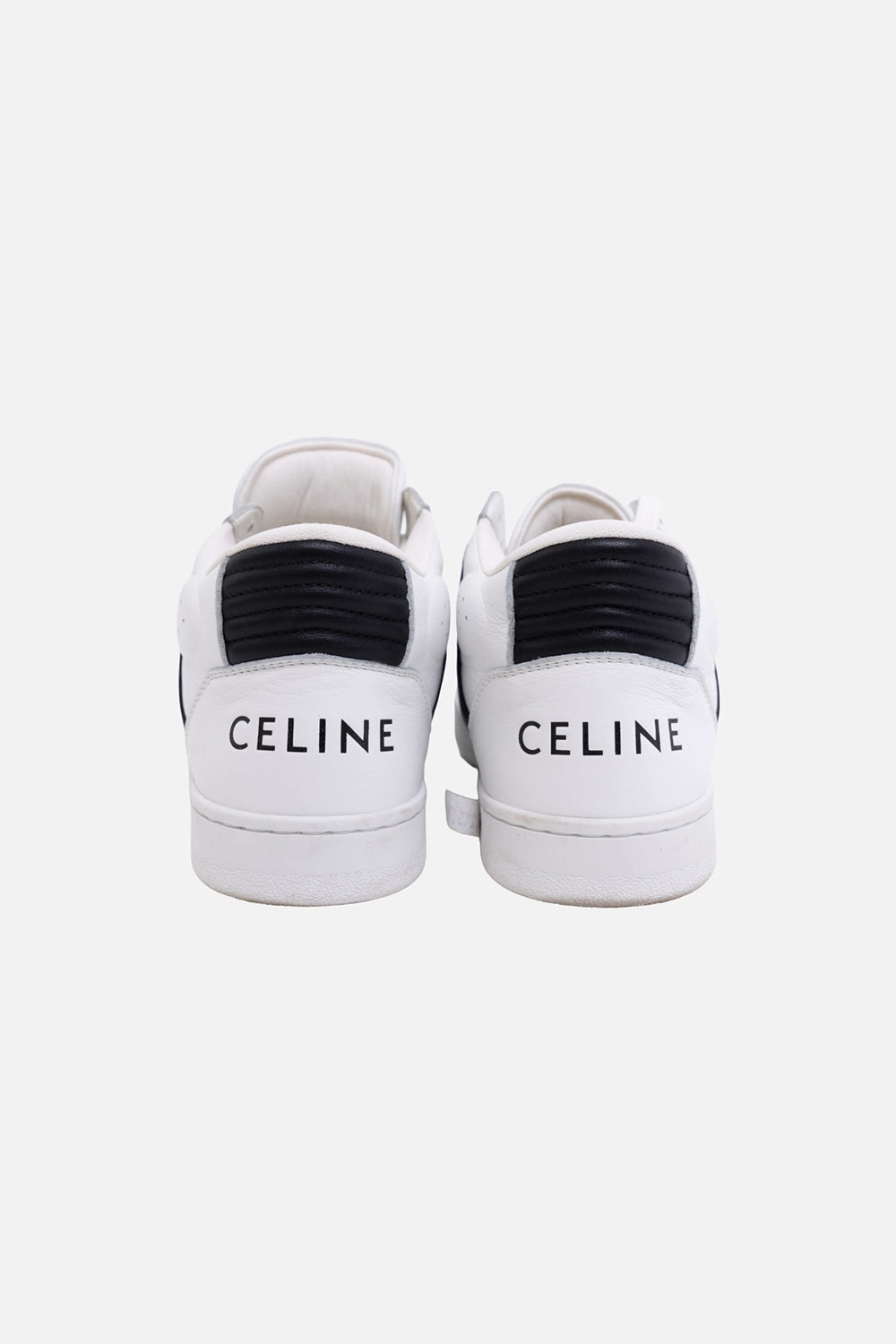 Pre-owned Celine unisex CT-02 mid-top sneakers in white and black, back view, logo heel print and padded collar.
