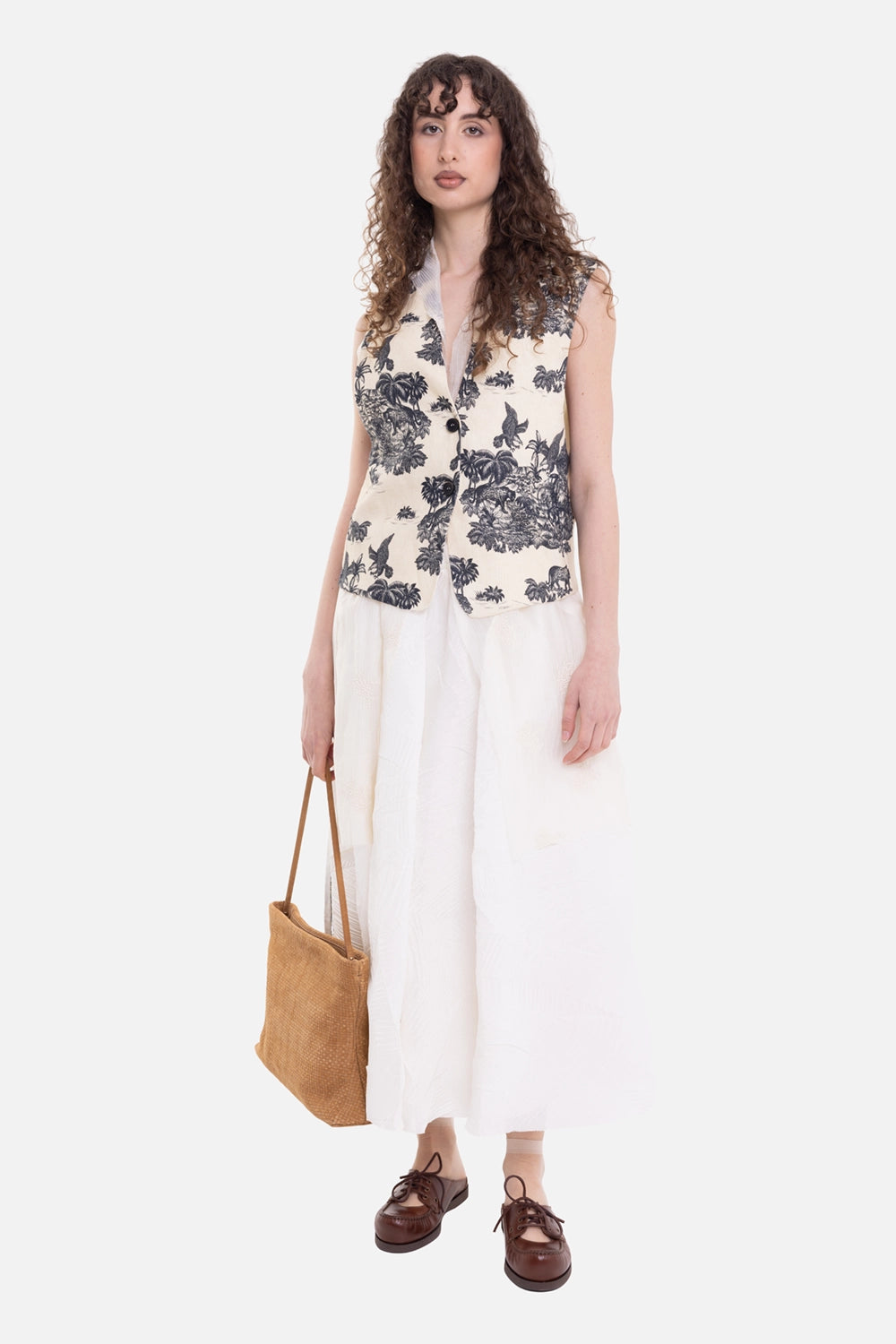 Marc Point women's midi dress in ivory black, on-model full length with sheer skirt and black print bodice