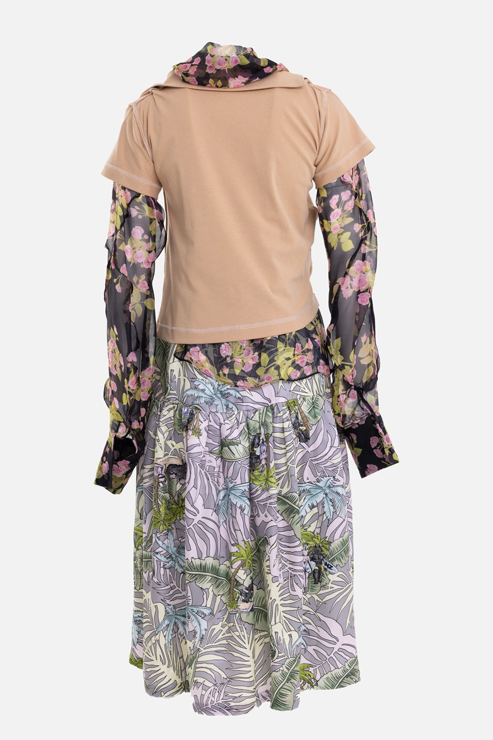 Natasha Zinko women's midi dress in multicolour, back view, plain beige jersey back and tropical print skirt
