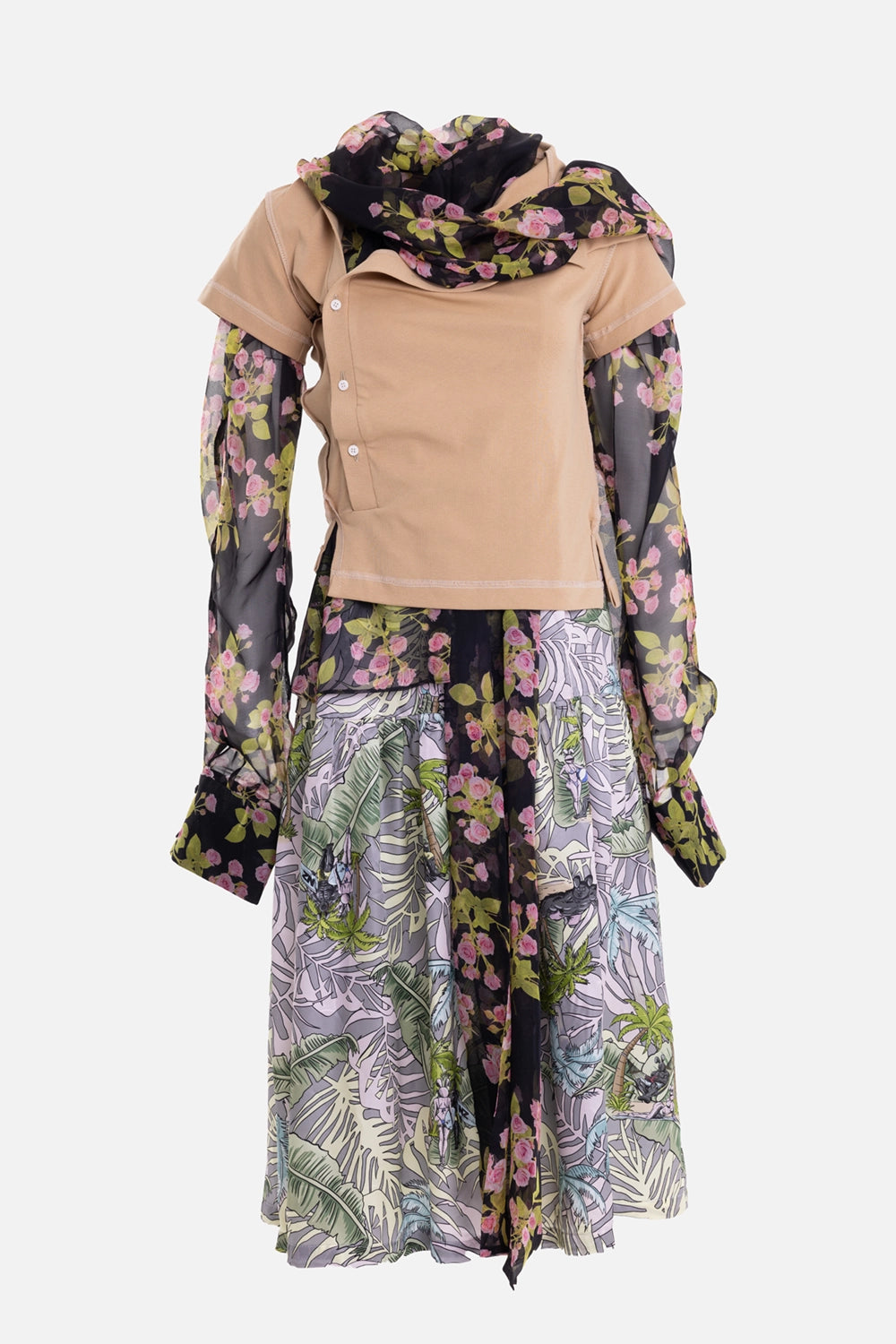 Natasha Zinko women's midi dress in multicolour, front view, beige jersey panel and sheer floral sleeves