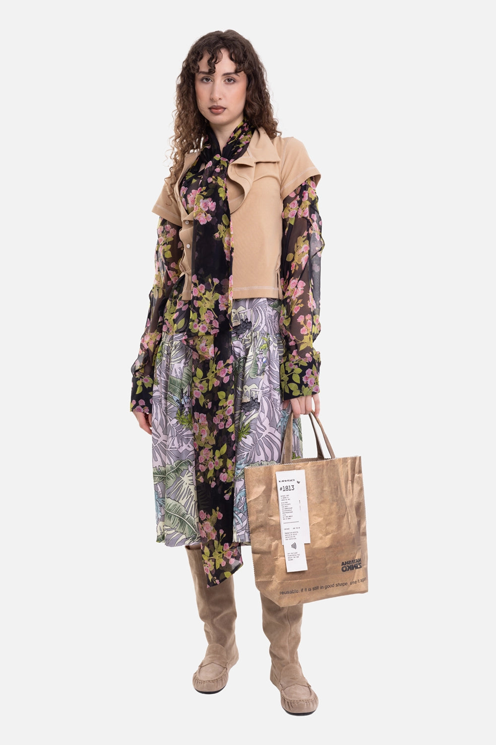 Natasha Zinko women's midi dress in multicolour, on-model full-length view, long floral scarf panel