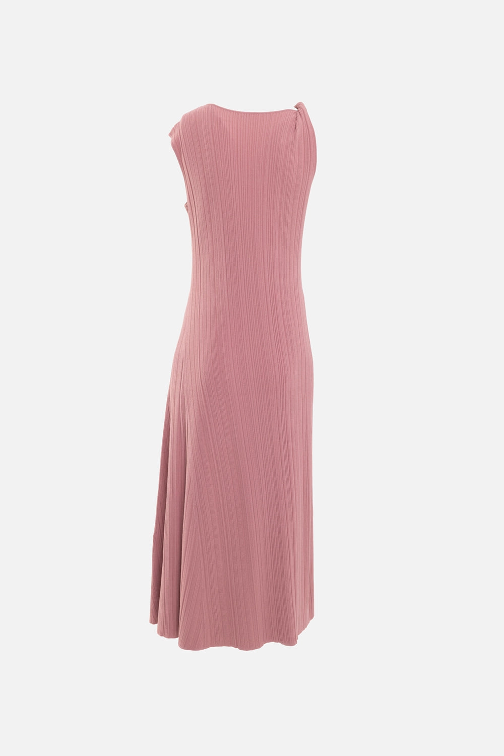 JOSEPH womens plissé knit midi dress in musk, back view, sleeveless silhouette with vertical plissé pleats