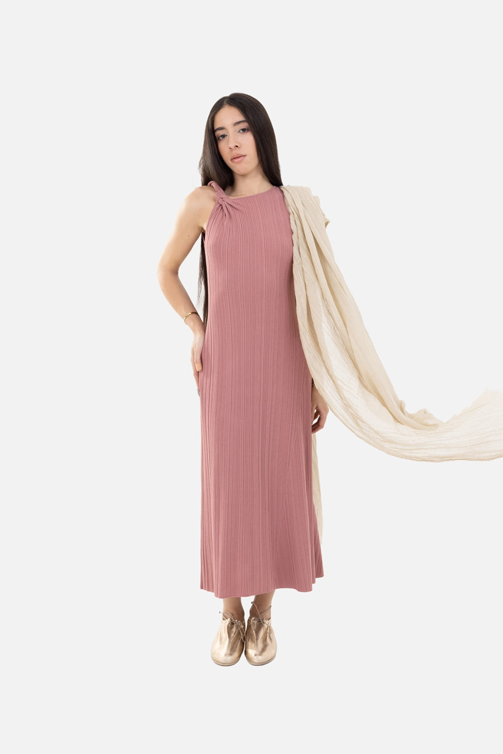JOSEPH womens plissé knit midi dress in musk, on-model full-length, sleeveless cut with shoulder knot detail