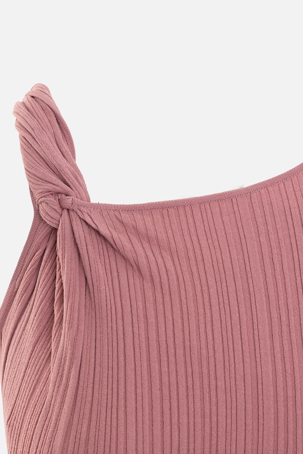 JOSEPH womens plissé knit midi dress in musk, shoulder detail, twisted knot finish at neckline with fine rib pleats