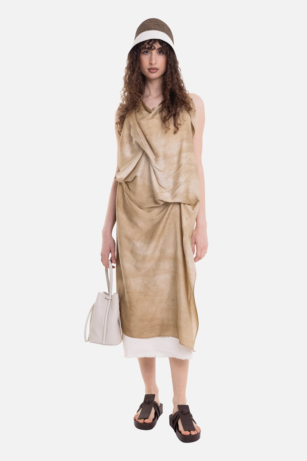 Uma Wang women's midi dress in off white, on-model full-length view, tan drape over white hem