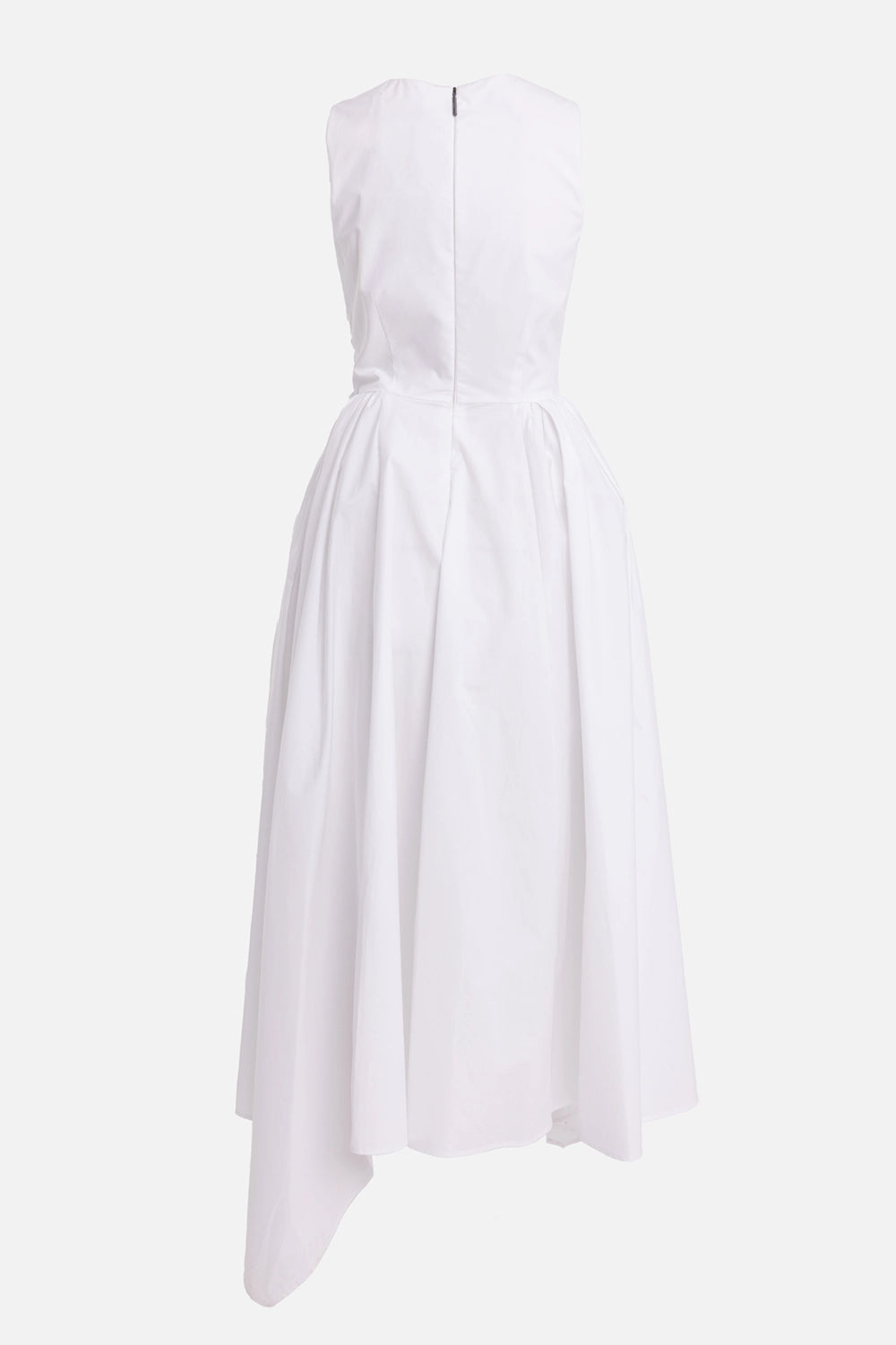 MSGM women's midi dress in white, back view, center zip pull and asymmetric side drape