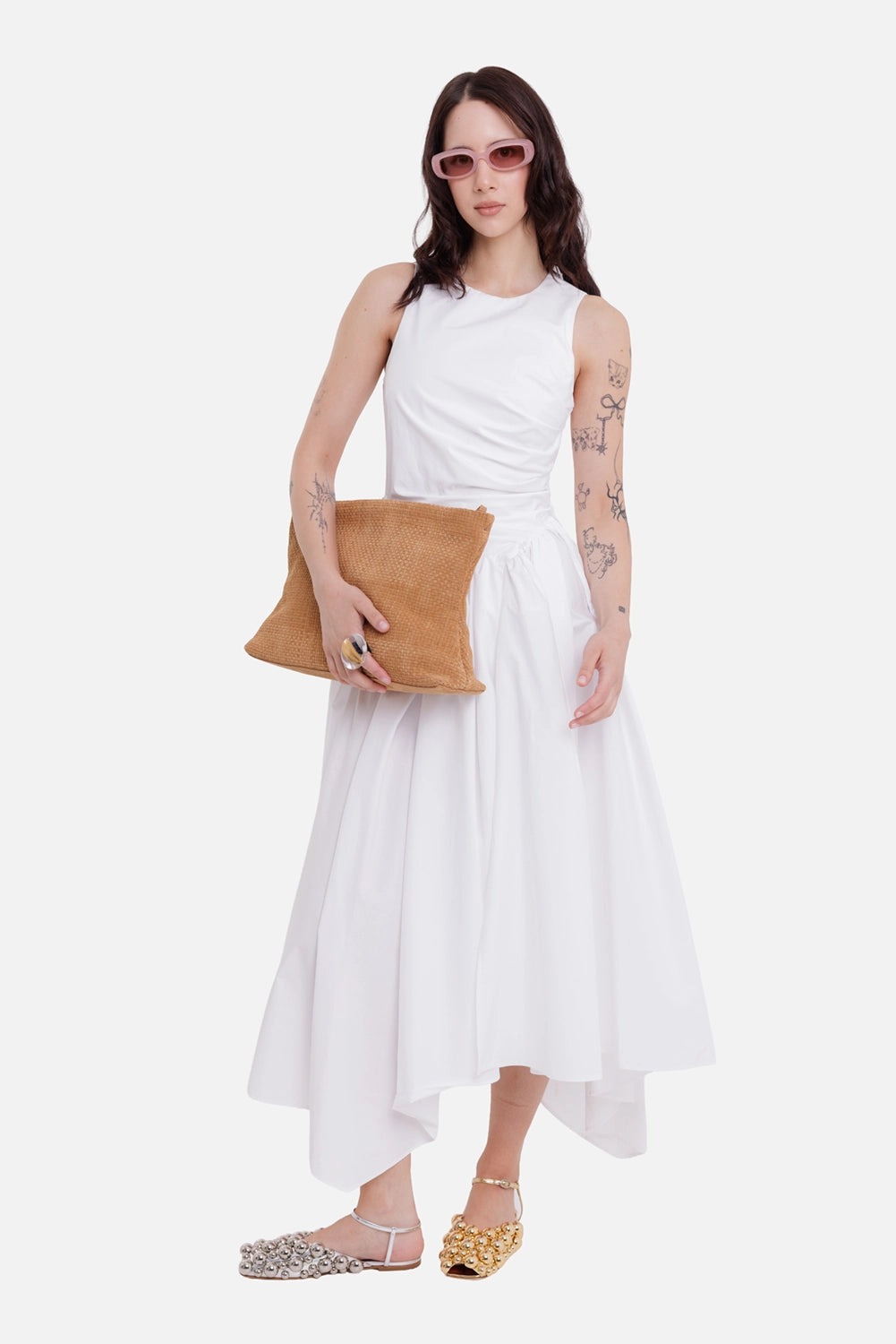 MSGM women's midi dress in white, on-model full length, draped bodice and asymmetric hem