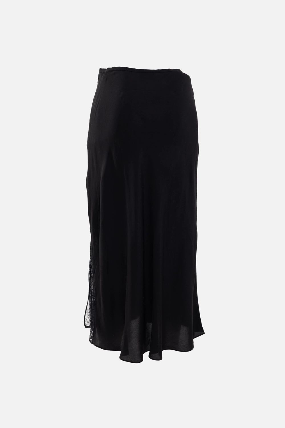 Zadig & Voltaire women's midi skirt in black, 3/4 view, softly flared hem with lace panel at side.