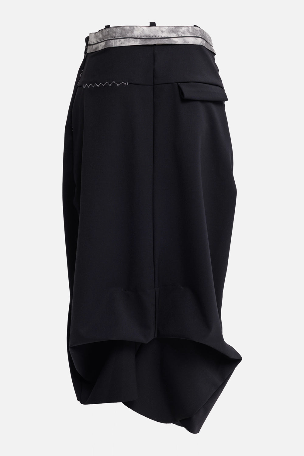 Giovanni Cavagna women's black midi skirt, back view with marbled waistband, flap pocket and zigzag stitching