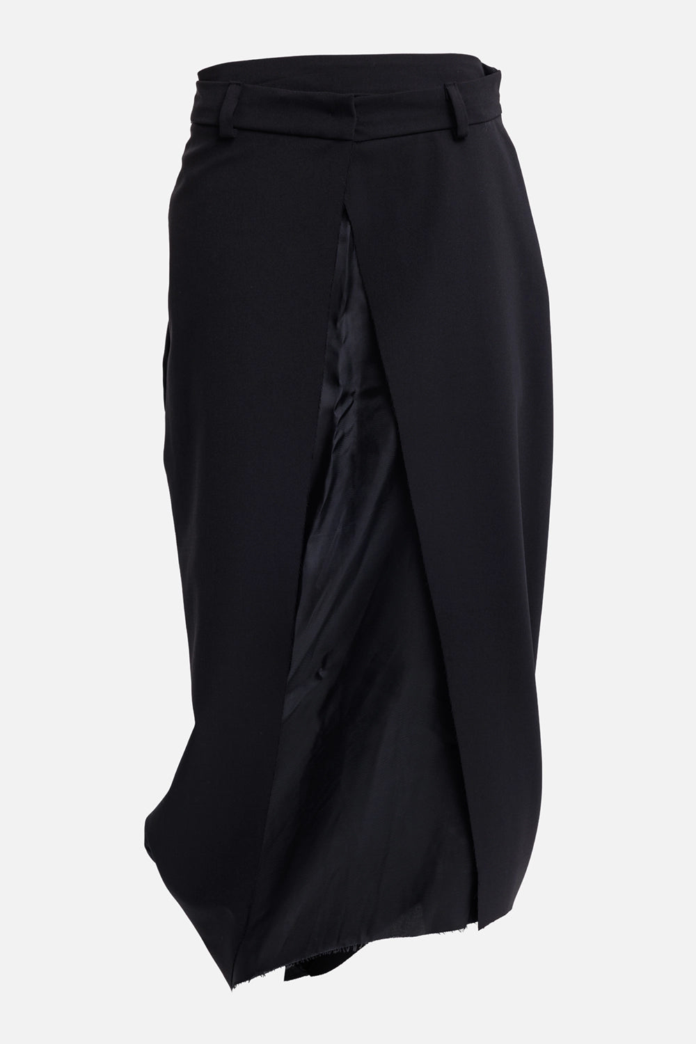 Giovanni Cavagna women's black midi skirt, front view with asymmetric slit and glossy contrast panel