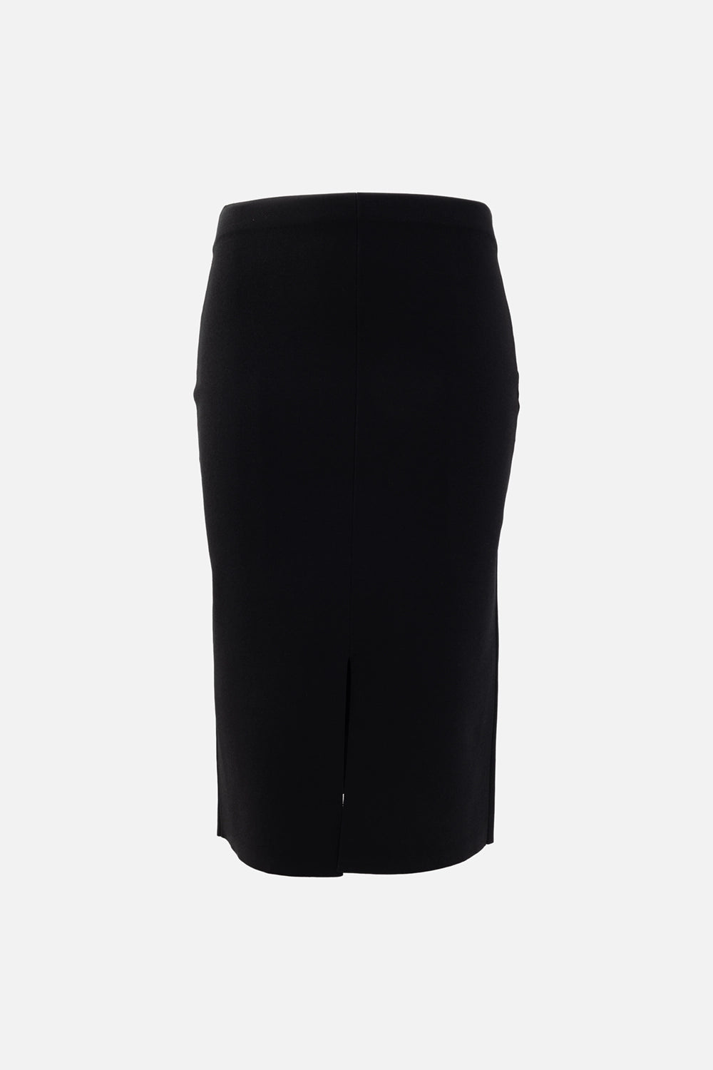 JOSEPH womens midi skirt in black, front view, clean waist and centered front split on a slim knit pencil cut