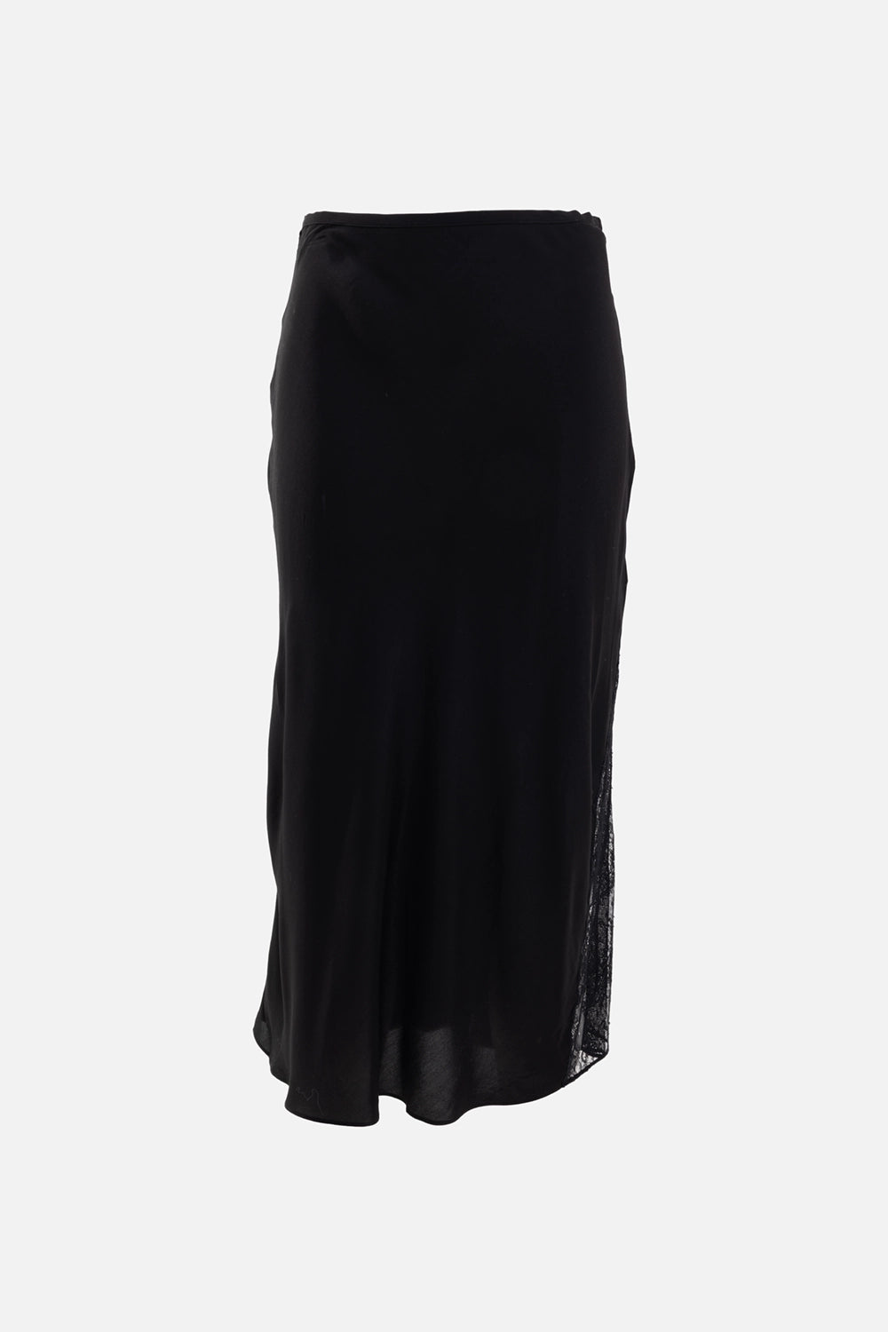 Zadig & Voltaire women's midi skirt in black, front view, fluid drape with lace side slit.