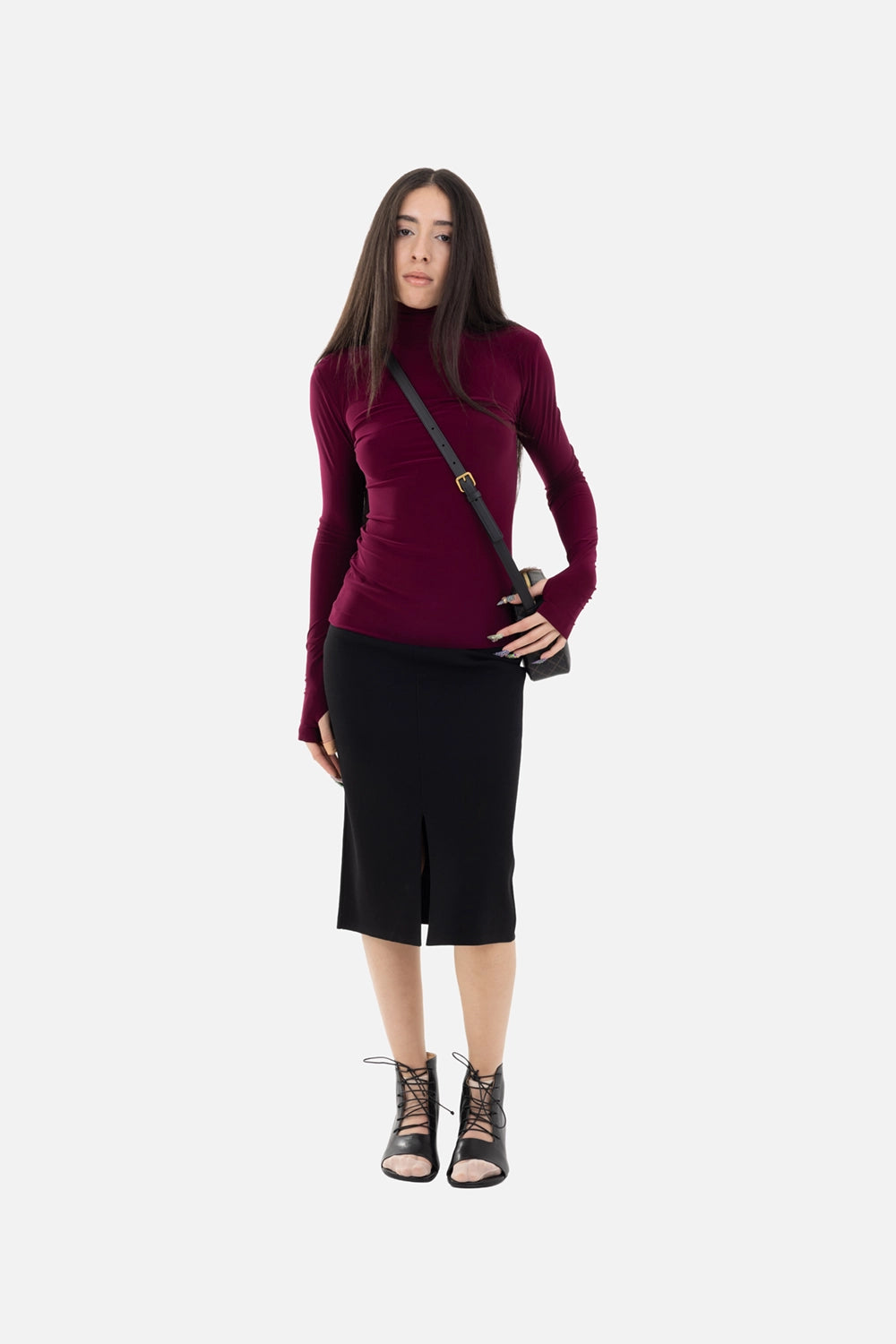 JOSEPH womens midi skirt in black, on-model full-length, slim pencil silhouette with front split at hem