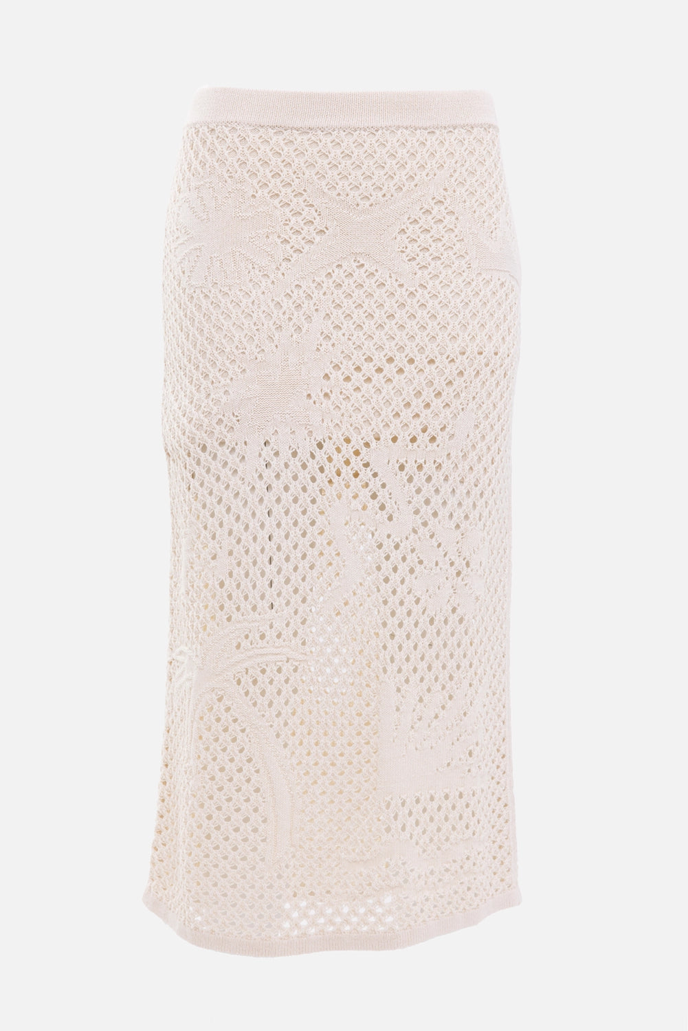 Zadig&Voltaire women's midi skirt in ecru, front view, jacquard open knit and ribbed waistband