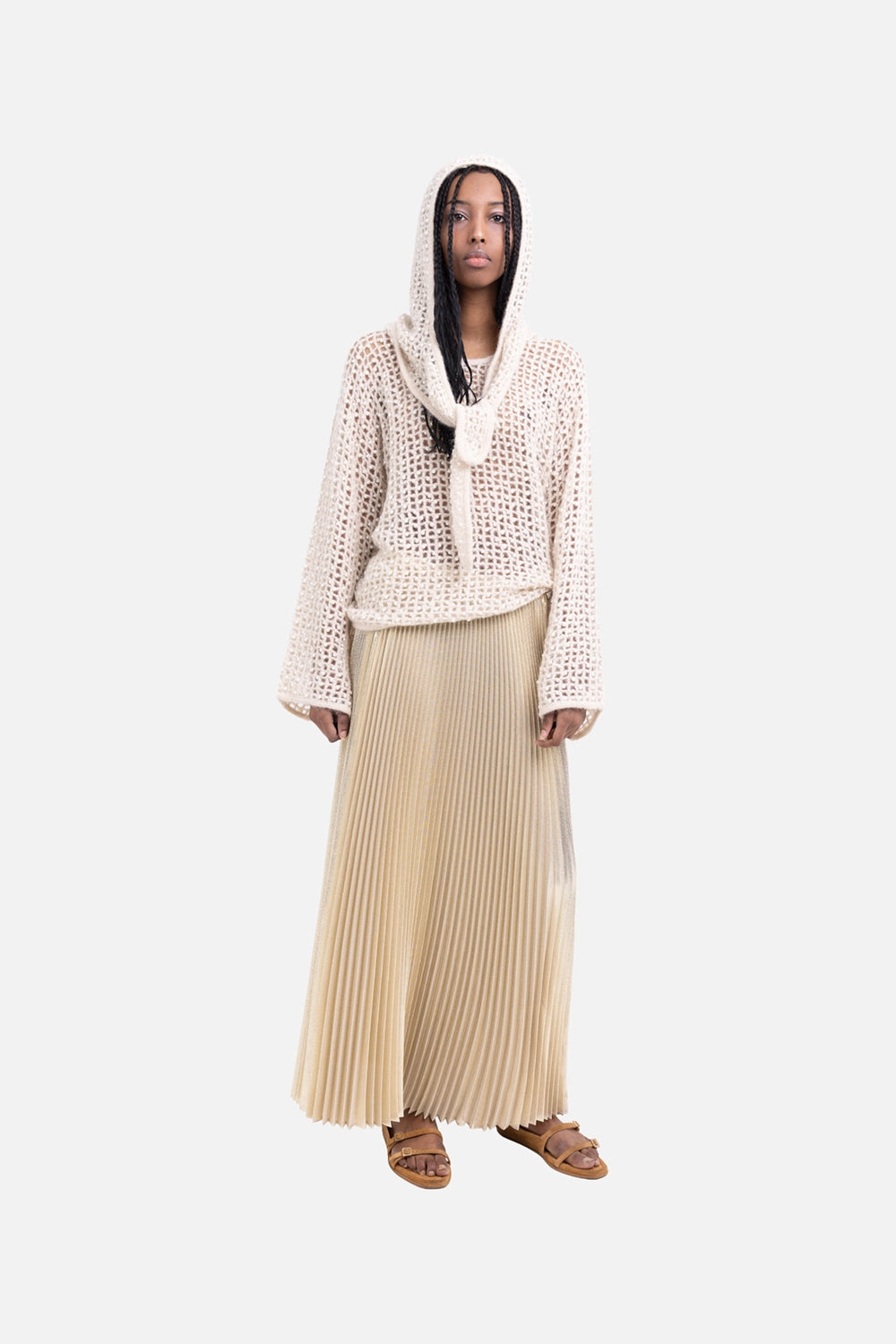 JOSEPH women’s pleated midi skirt in gilt, on-model full length, fluid accordion pleats with metallic finish