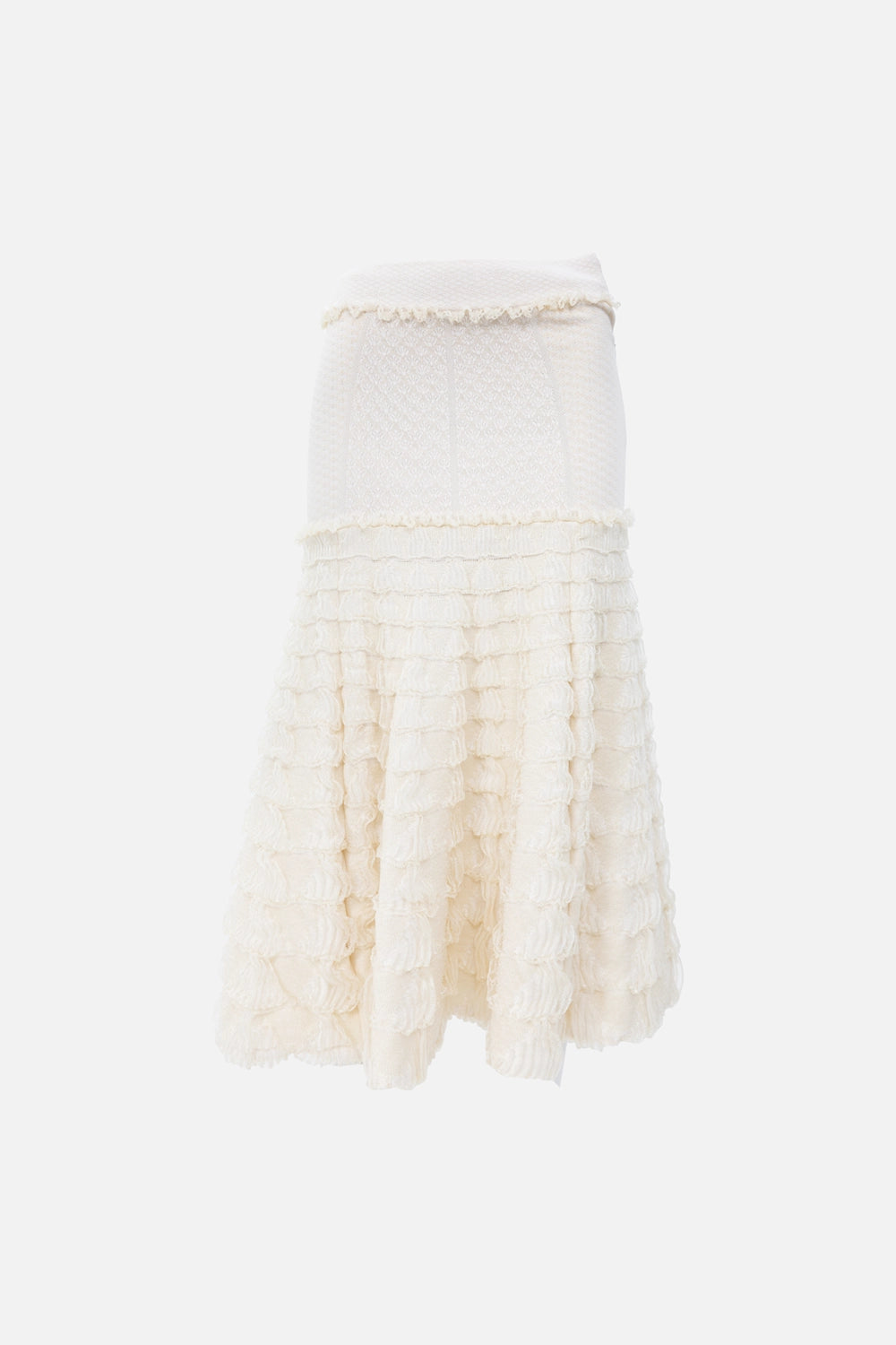 Pre-owned Alexander McQueen midi skirt in ivory, front view, tiered textured hem with fringe trim