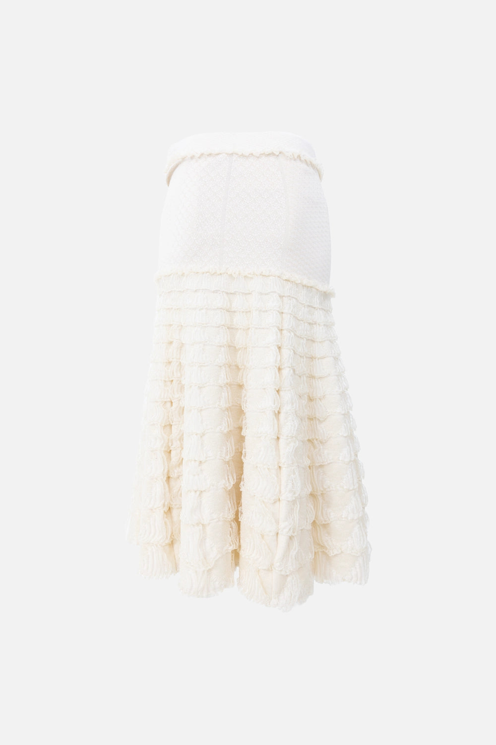 Pre-owned Alexander McQueen midi skirt in ivory, side view, flared silhouette with ruffled hem tiers