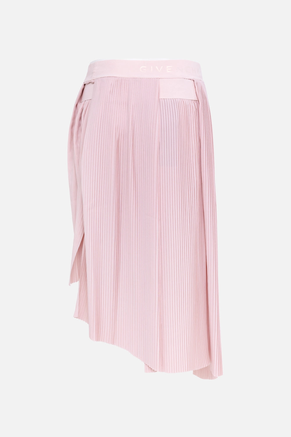 Pre-owned Givenchy women's pleated midi skirt in pink, back view, tonal logo waistband and pleated hem