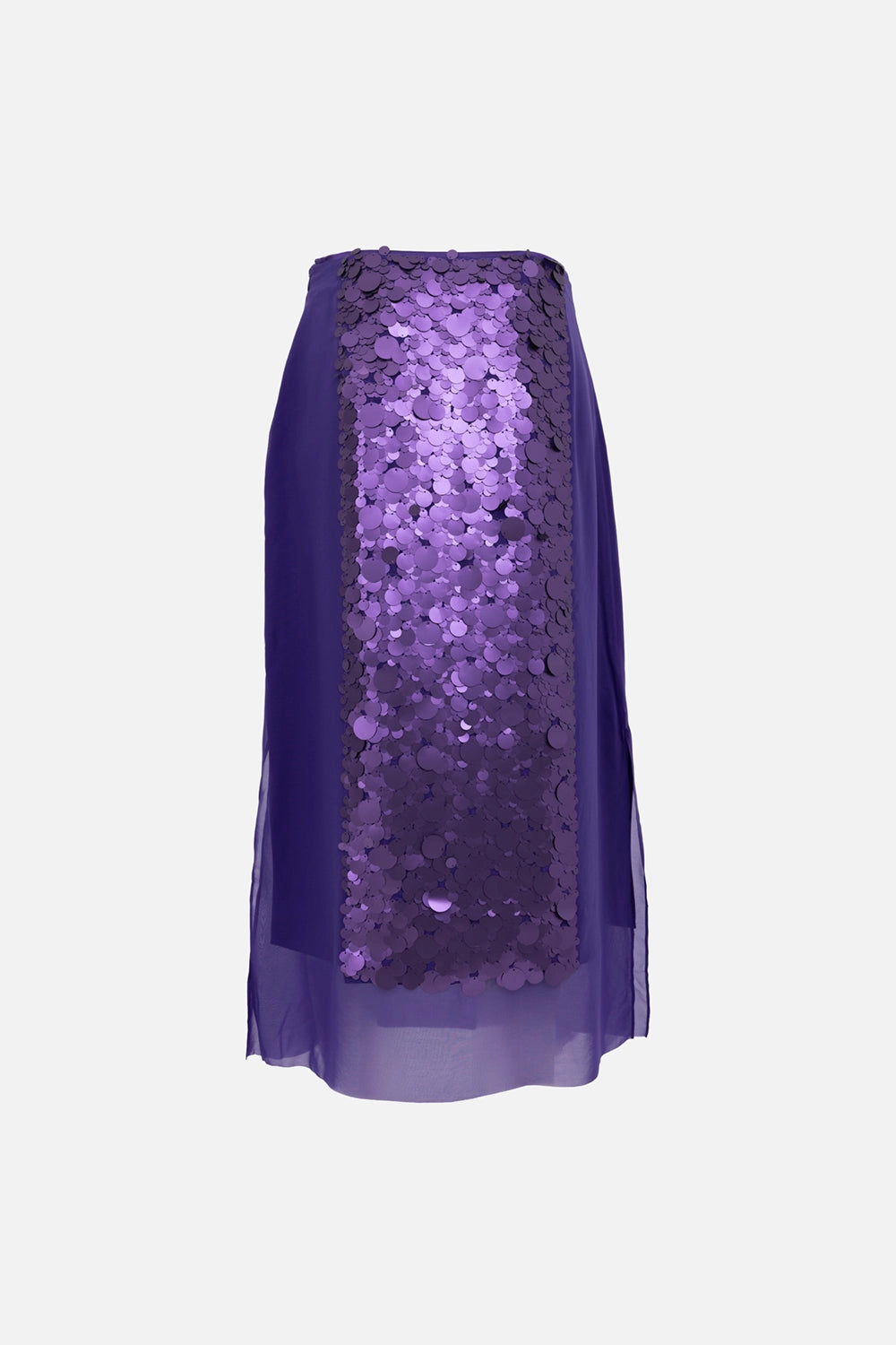 JOSEPH women’s midi skirt in violet, front view, sheer chiffon overlay with matte sequin center panel