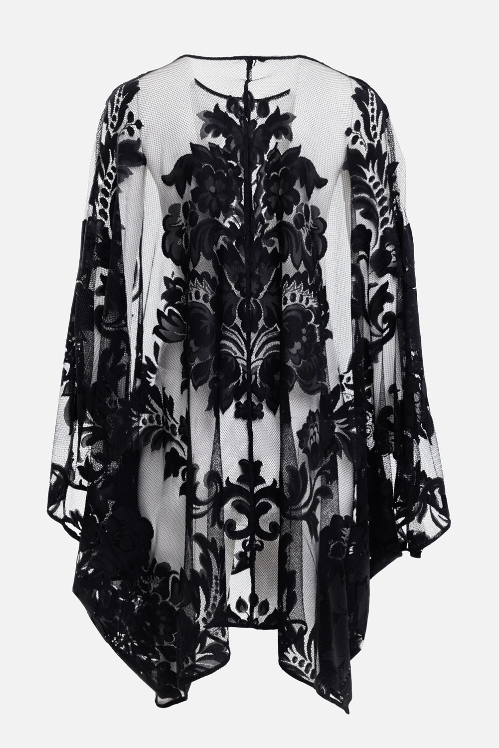 Norma Kamali women mini caftan in black, back view, transparent lace with wide draped sleeves