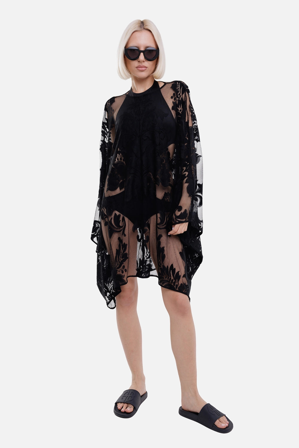 Norma Kamali women mini caftan in black, on-model full length, sheer lace over black swimsuit