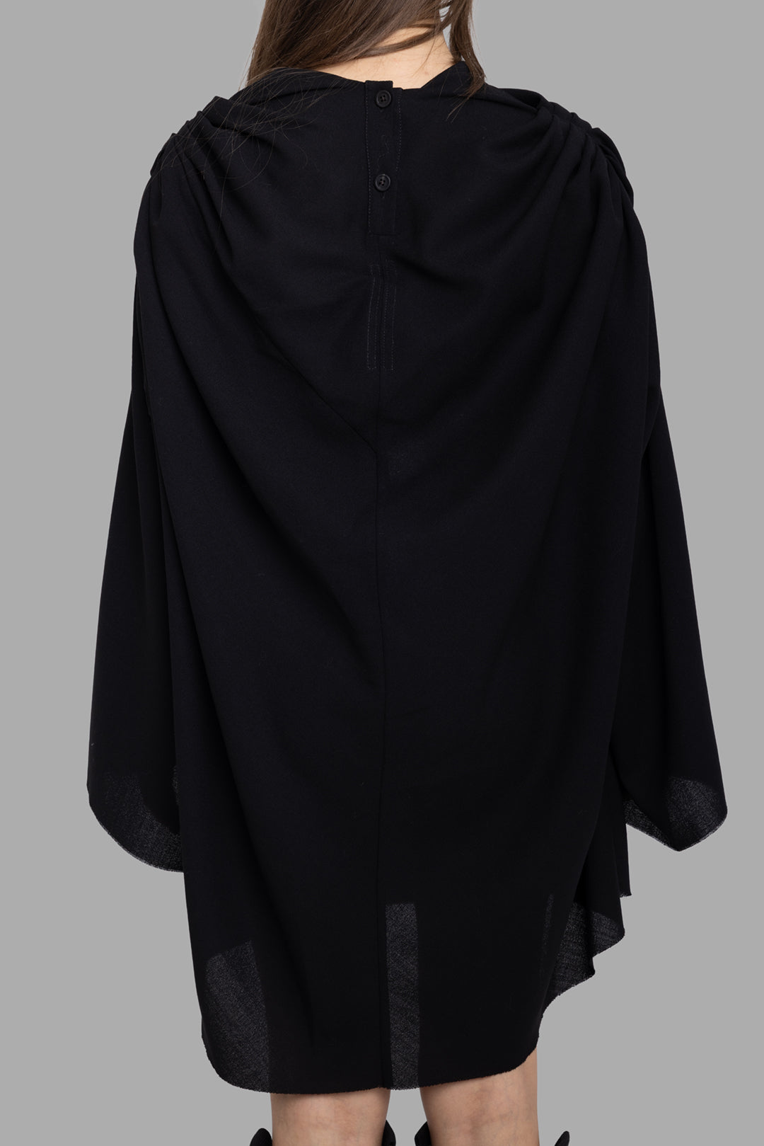 Rick Owens women's black Claudette mini dress, back neck detail with buttoned placket and gathered collar