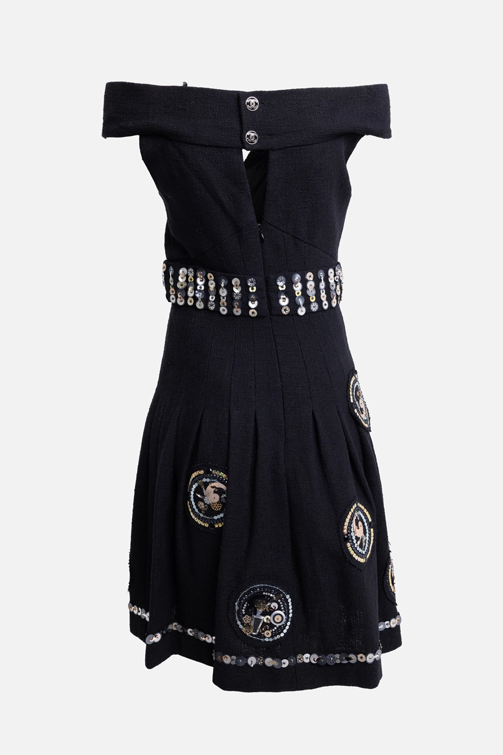 Pre-owned Chanel women’s mini dress in black, back view, exposed zip and CC button strap detail