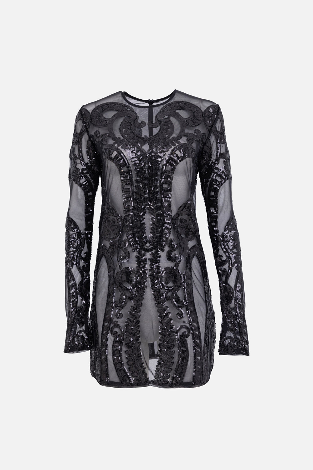 Norma Kamali women's mini dress in black, back view, sheer mesh with center-back zipper and sequin embroidery