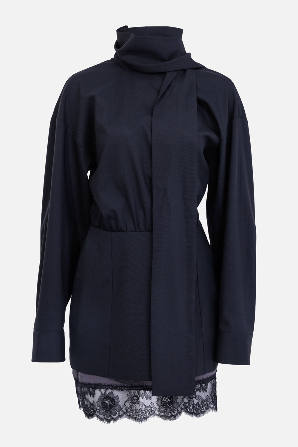 MSGM women's black mini dress, front view with long scarf tie, gathered waist and floral lace-trimmed hem