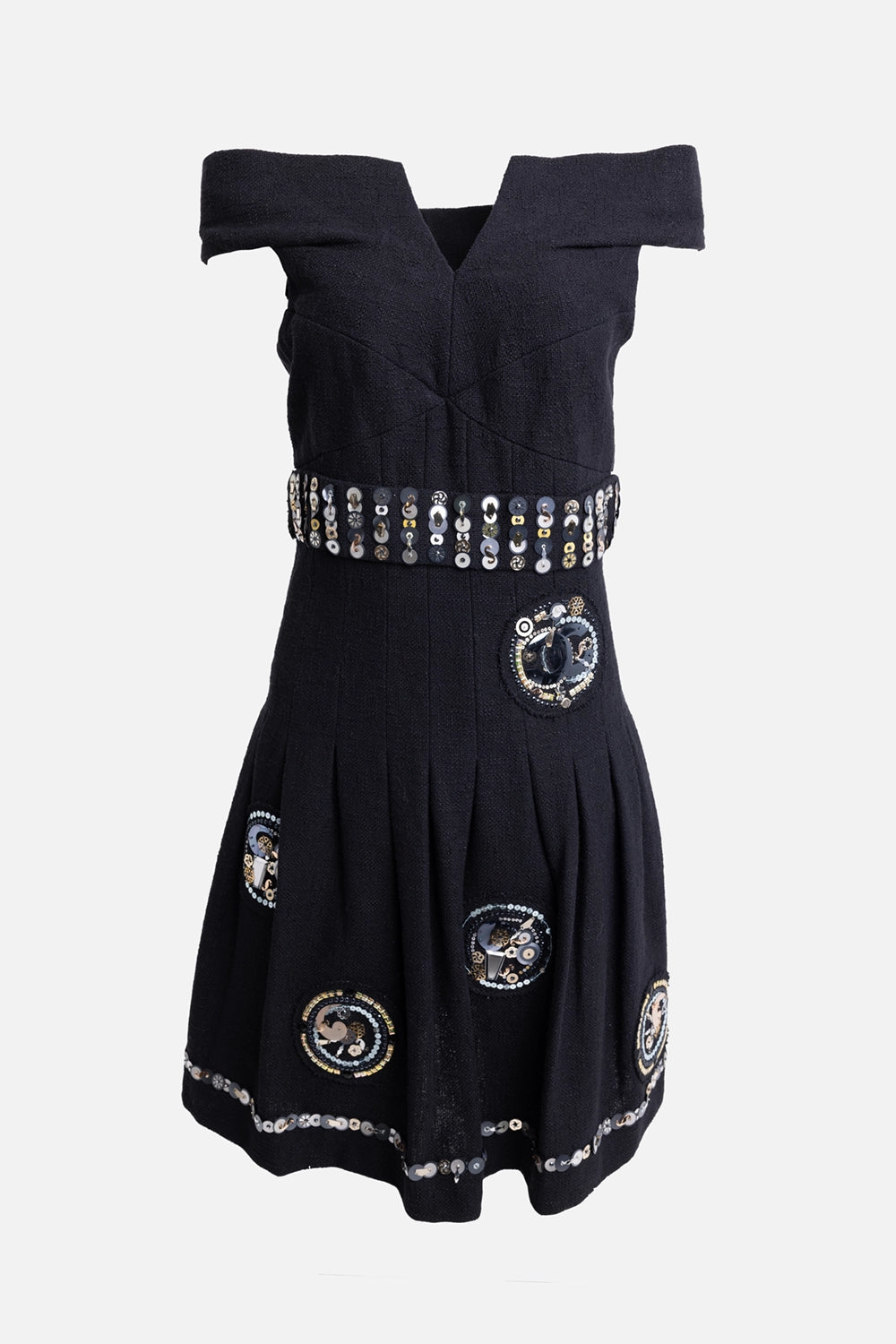 Pre-owned Chanel women’s mini dress in black, front view, off-shoulder neckline and sequin belt