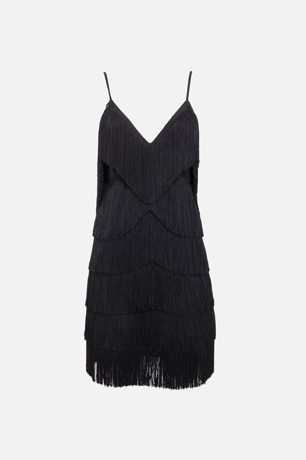 Norma Kamali women's fringe slip mini dress in black, front view, V-neckline with tiered fringe and long hem fringe