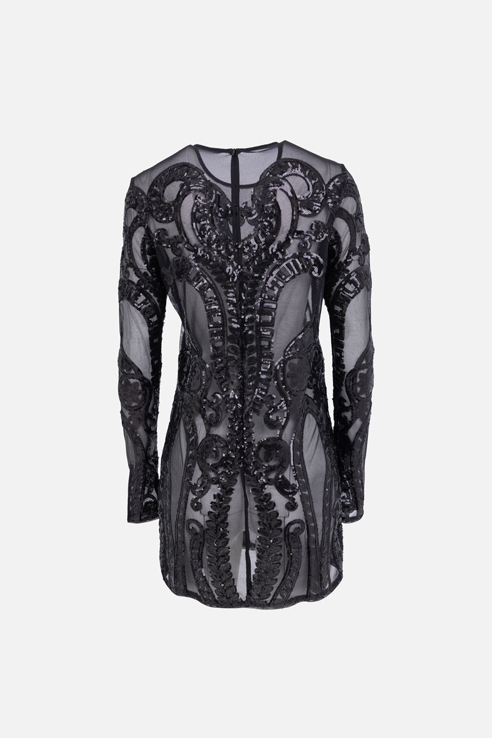 Norma Kamali women's mini dress in black, front view, sheer mesh with ornate sequin embroidery