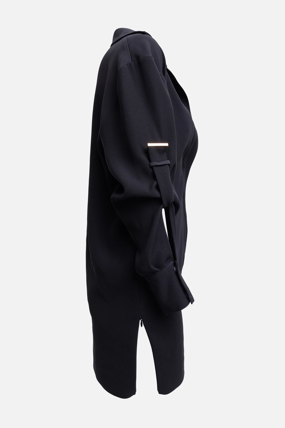 Pre-owned Alexandre Vauthier women's mini dress in black, side view, sleeve strap detail with metallic bar