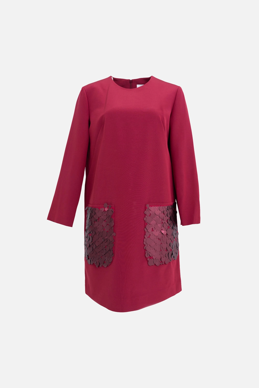 JOSEPH women’s mini dress in cherry, front view, sequin patch pockets on matte satin twill