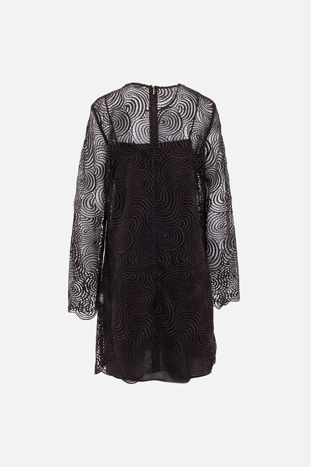JOSEPH womens mini dress in cocoa, back view, gold-tone zipper closure and sheer lace yoke