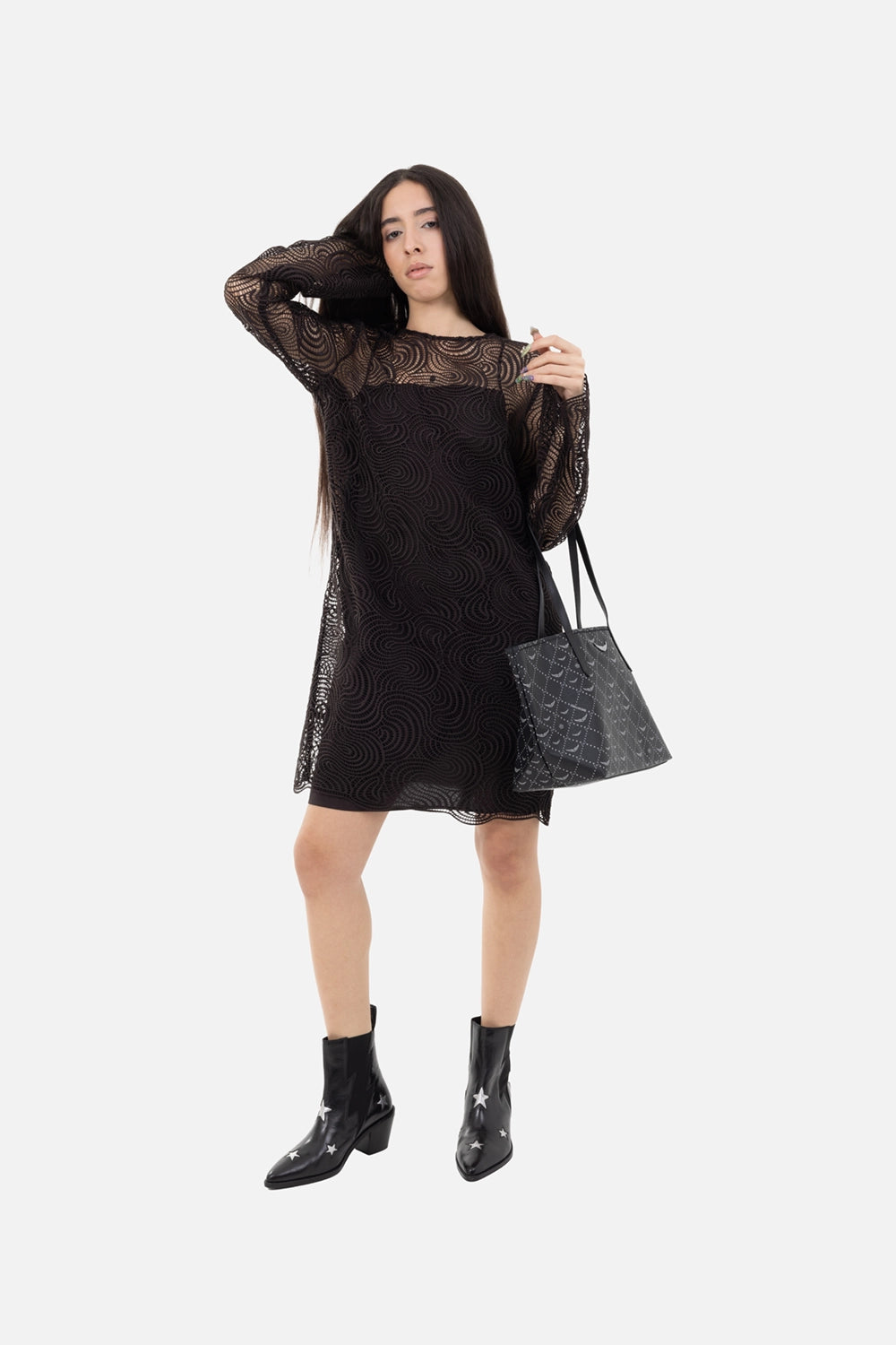 JOSEPH womens mini dress in cocoa, on-model full-length, sheer corded lace sleeves and scalloped hem