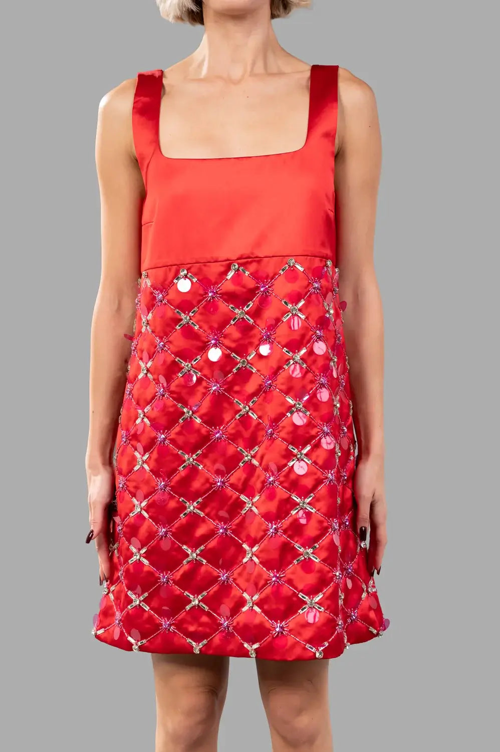 Front crop showing square neckline, wide straps, and smooth duchesse bodice.