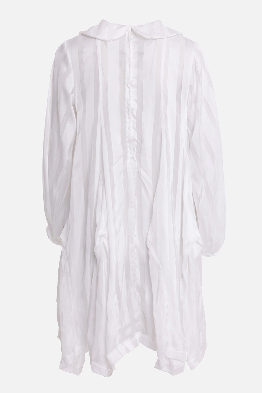 Comme des Garçons women's mini dress in white, back view, center closure with gathered cuffs and uneven hem